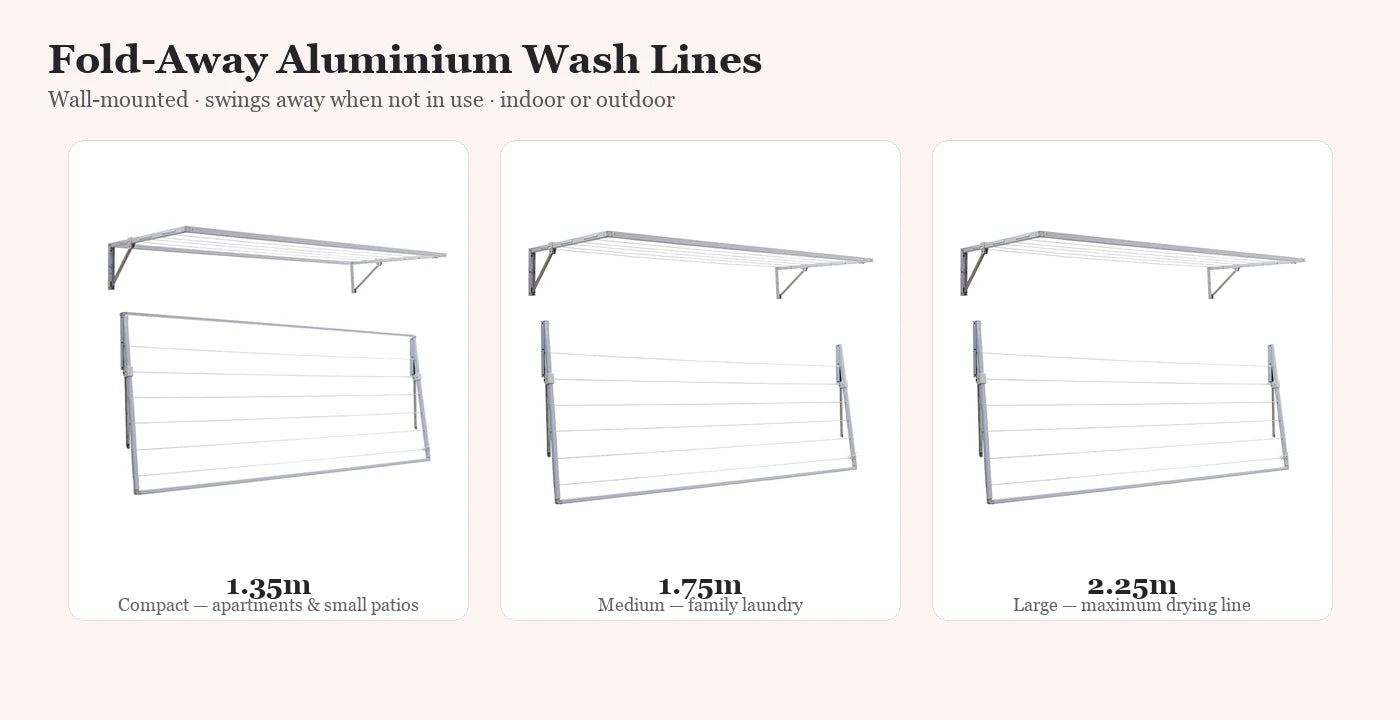 Solara fold-away wash line size guide — 1.35m, 1.75m and 2.25m lengths
