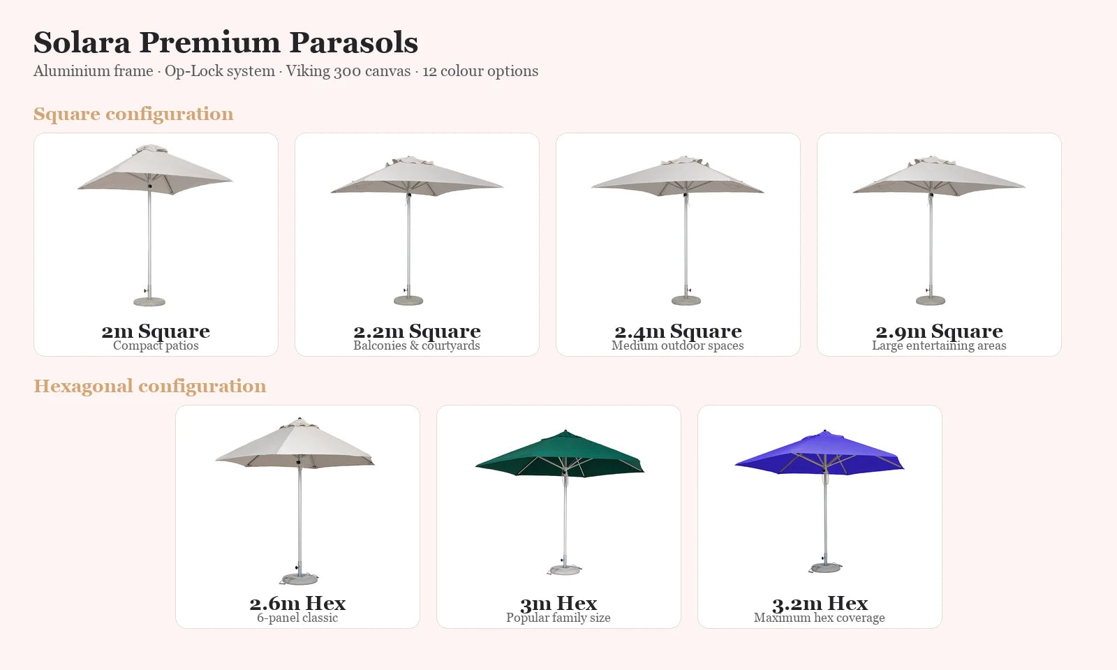 Solara parasol size guide — square and hexagonal configurations from 2m to 3.2m